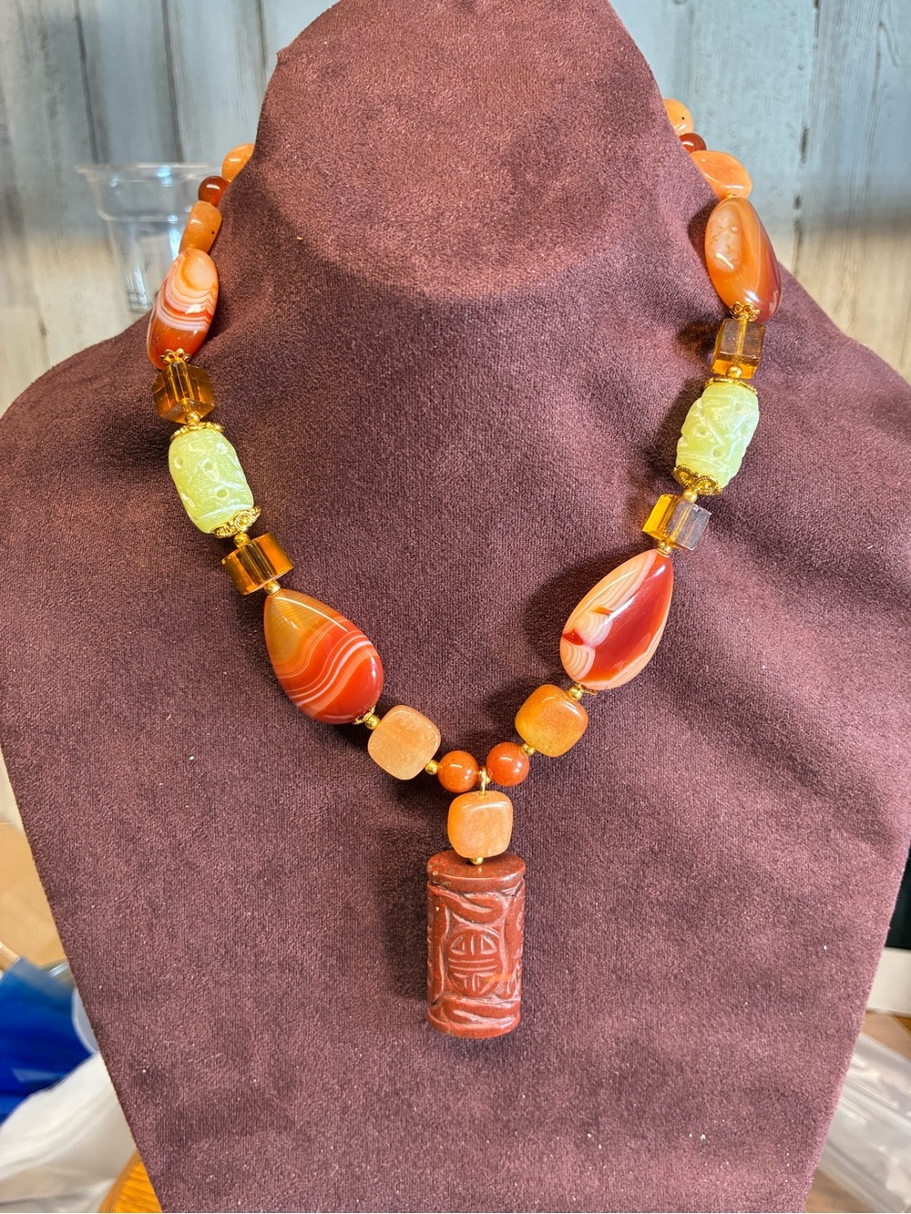 Handcrafted Orange Agate Statement Necklace with earrings